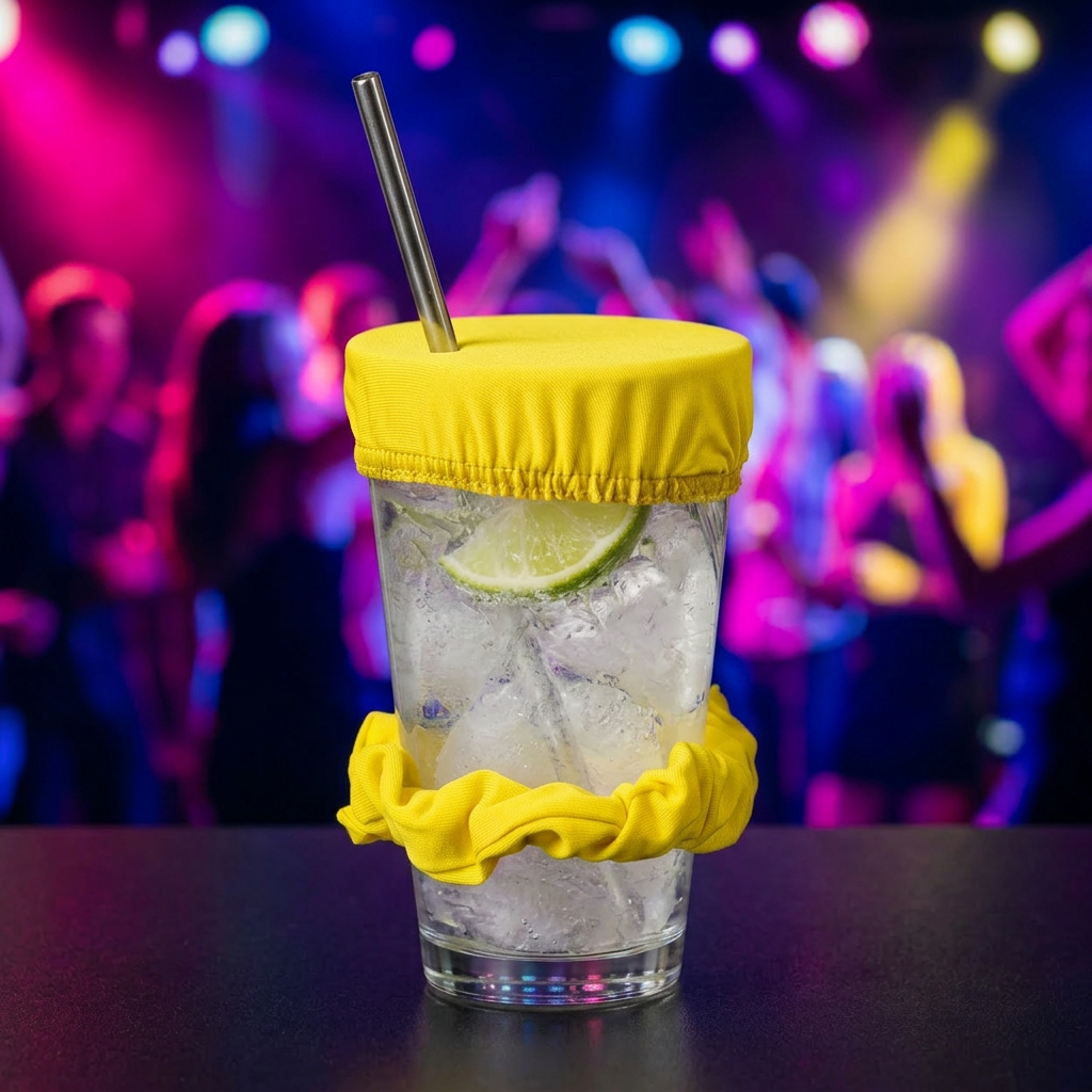 Vaso con coletero de tela amarillo cubriendo la abertura