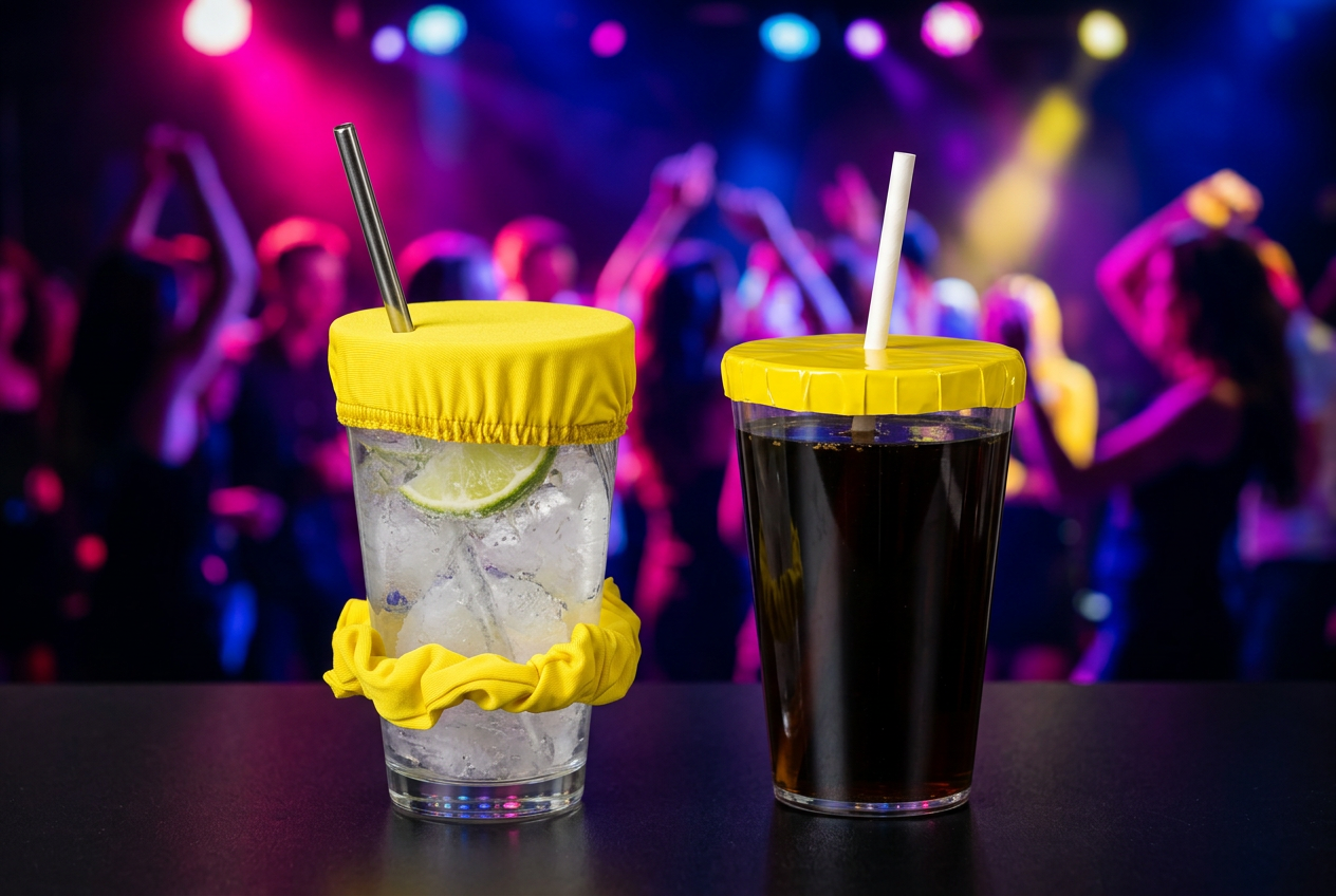 Coletero de tela en una copa junto a un vaso sellado con tapavasos adhesivo