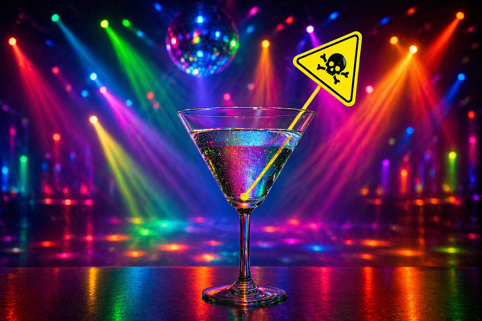 Copa de cóctel con señal de advertencia bajo luces de discoteca