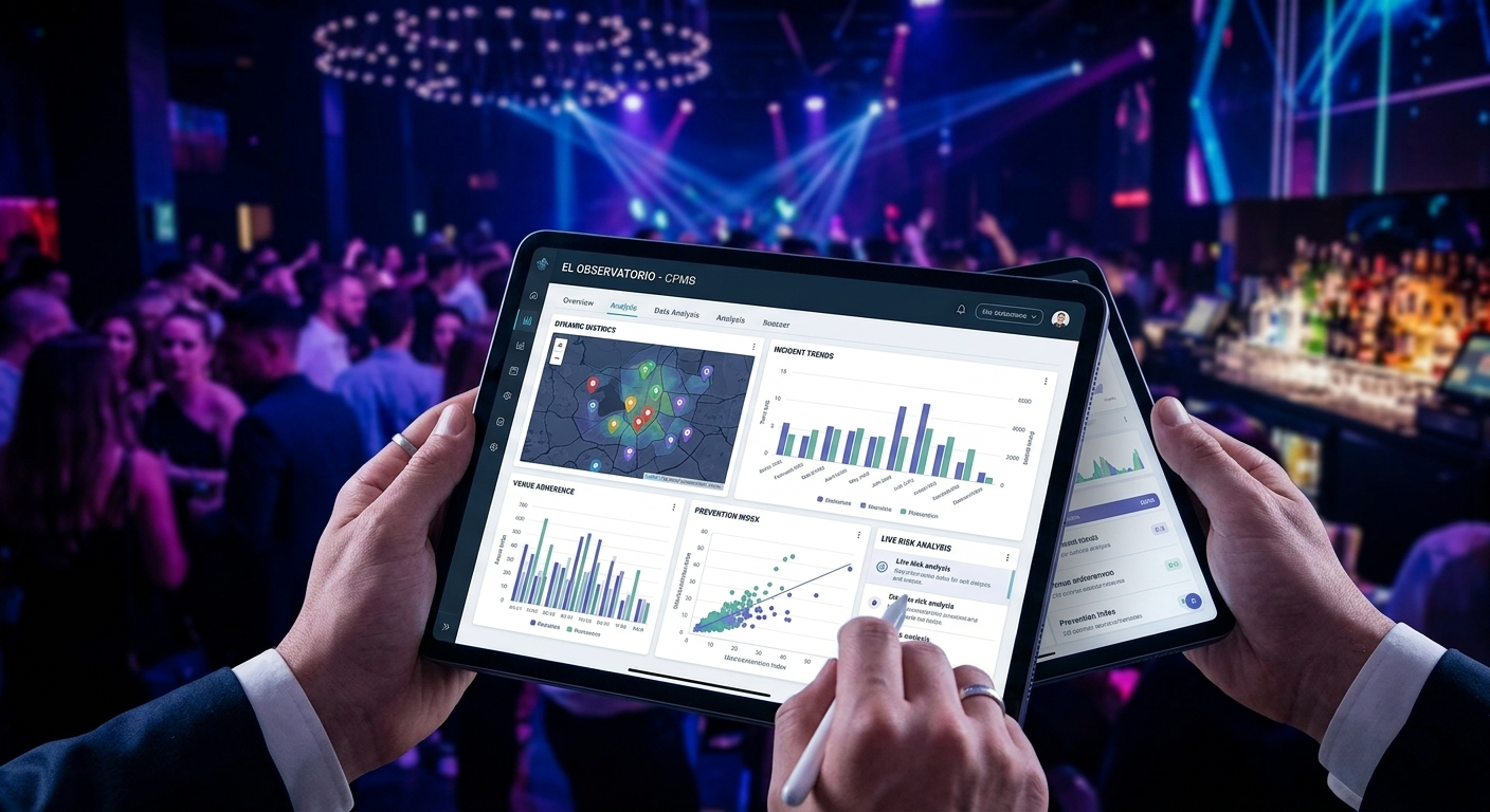 Tablet mostrando el panel analítico de El Observatorio del CPMB en un entorno de ocio nocturno
