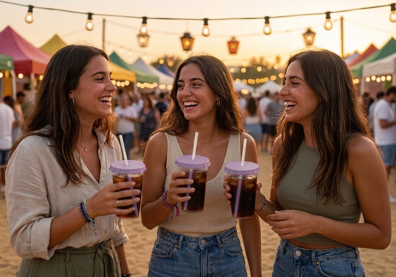 Tres amigas brindando con tapavasos en un festival al atardecer